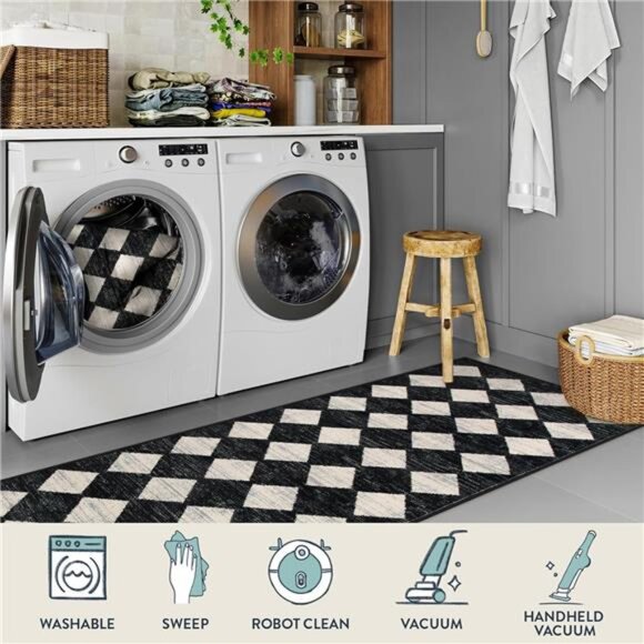 Lahome Moroccan Trellis Runner Rug - 2x6 Washable Black Bathroom Runner Rug - Picture 4 of 12